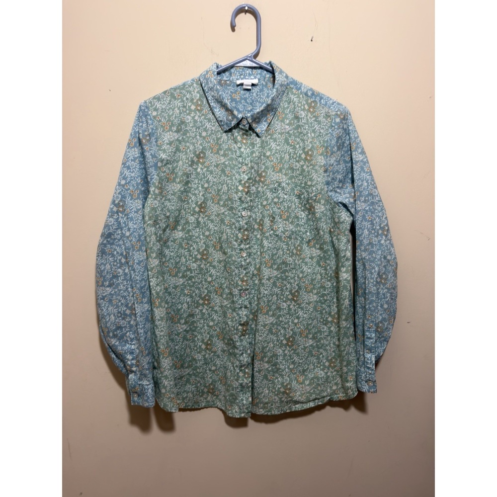 J. Jill Women's L Blue Green Floral Button Front Long Sleeve 100% Cotton Blouse